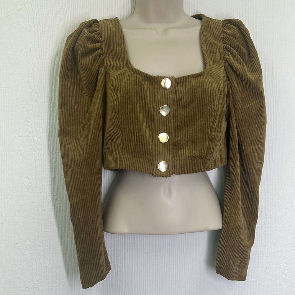 Zara - Dark Camel Corduroy Long Sleeve Large Button Crop Top Size Small - Picture 8 of 12